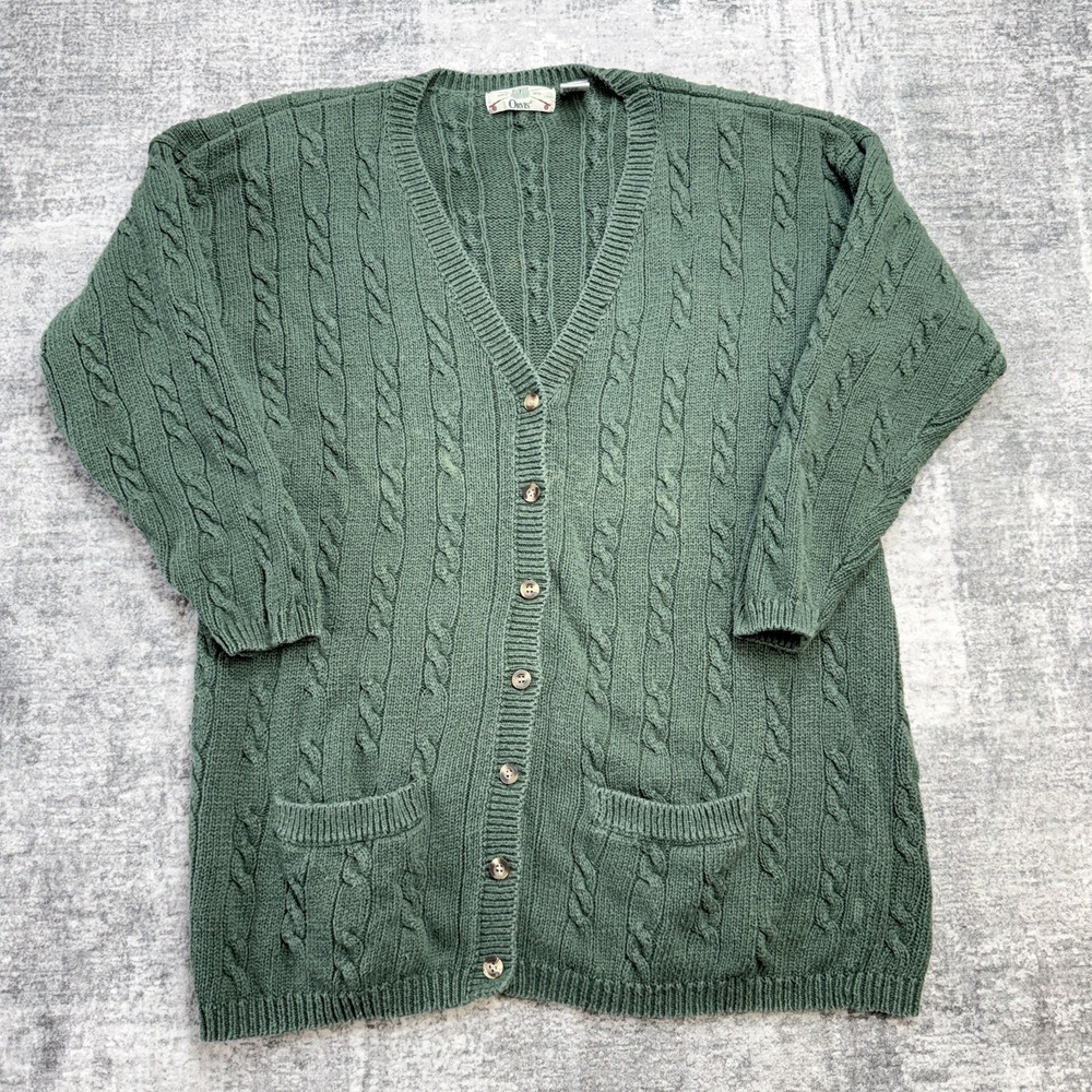VTG Orvis Sweater Adult Large Green Cable Knit Cardigan Raime Shoulder Pads